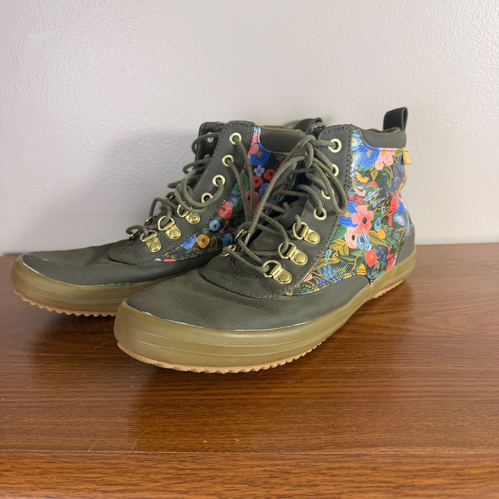 Keds Women's Size 7 Floral High Top Sneakers Olive Green Lace Up Shoes